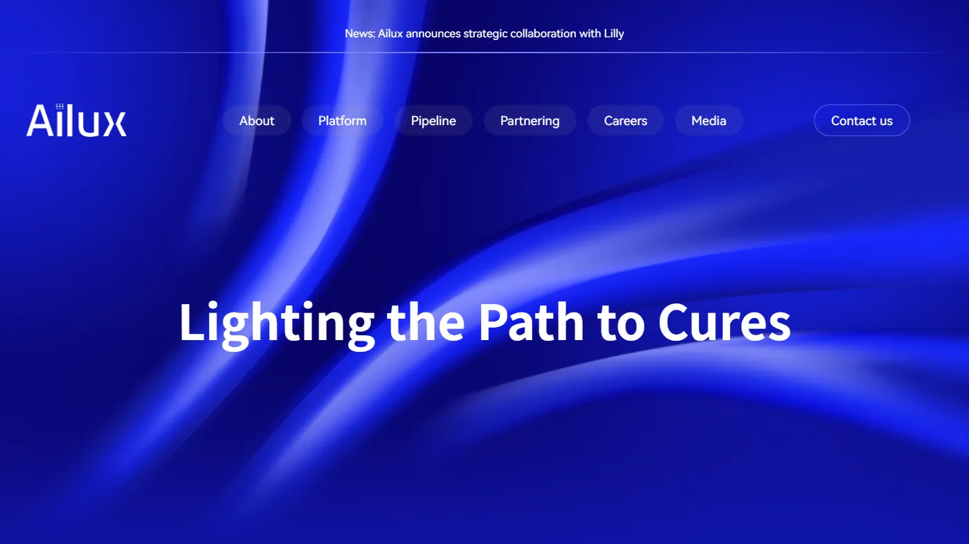 The Ailux homepage: a blue gradient carrying the line Lighting the Path to Cures.