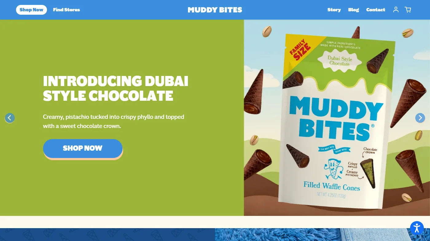 The blue Muddy Bites header above a green hero slide announcing Dubai Style Chocolate beside a family-size waffle-cone pouch.