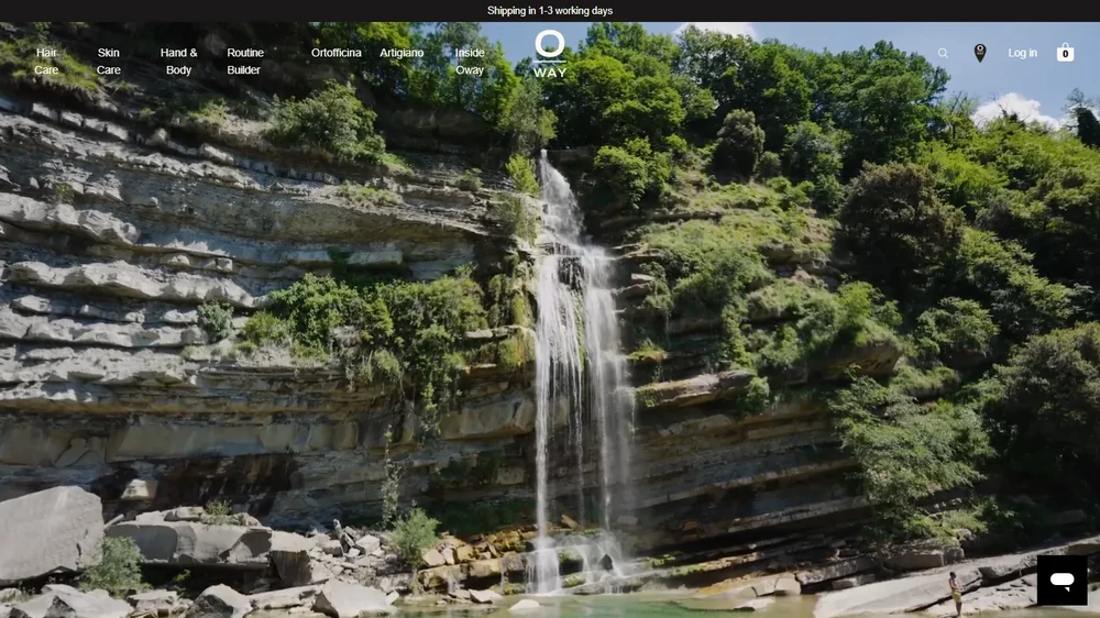 The Oway homepage: nav left of the centred O WAY wordmark, over a full-bleed video hero of a waterfall.
