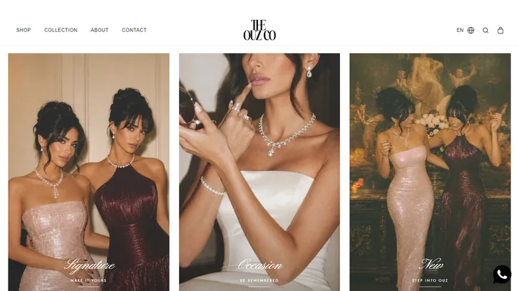 The Ouz Co homepage: the wordmark and nav above three full-height tiles of models wearing gemstone jewellery.